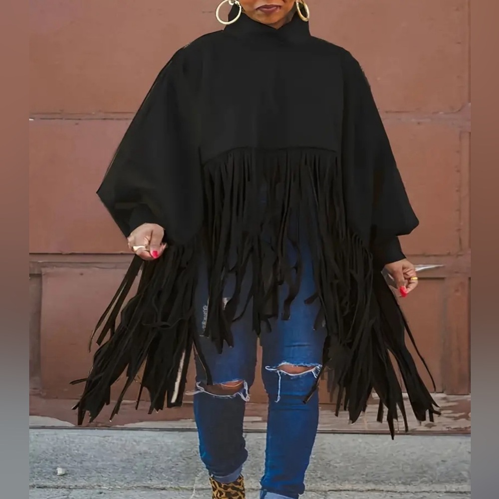 Plus Size Fringe Poncho Coat | High Neck Batwing Cape (1X–5X)